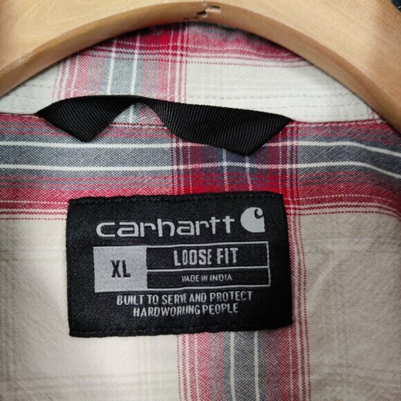 Carhartt Men's Button Down Shirt in Red Cream Size XL Plaid 100% Cotton Gorpcore - Picture 3 of 8